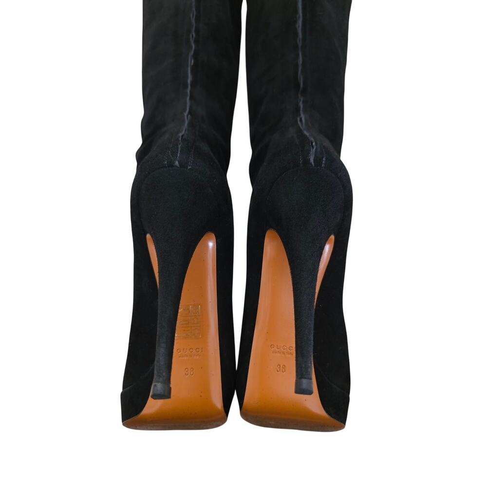 Gucci Black Suede Knee High Riding Platform Boots Bamboo Tassel Tall Heels 38 8 - Picture 6 of 10